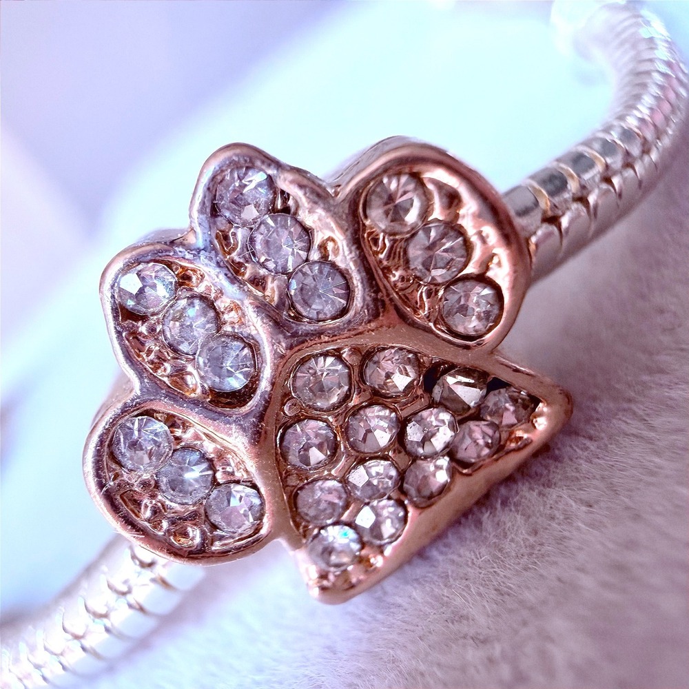 Rose Gold Crystal Paw Print Charm fits PANDORA Bracelet Pet Dog Mom Lover